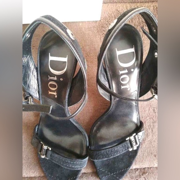Dior black suede & leather heeled sandals with silver tone detailing in size 37 - Picture 3 of 7